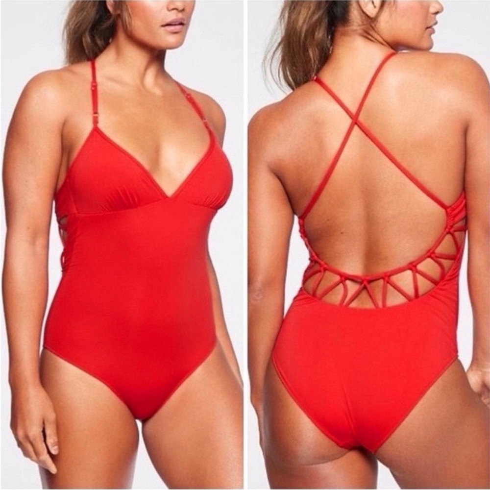 Athleta Kihei red one piece swimsuit criss cross open back adjustable straps